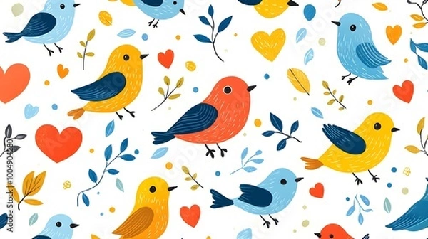 Fototapeta Overhead shot of cheerful cartoon birds, hearts, and leaves, vibrant colors on a minimalist white background, playful and lighthearted