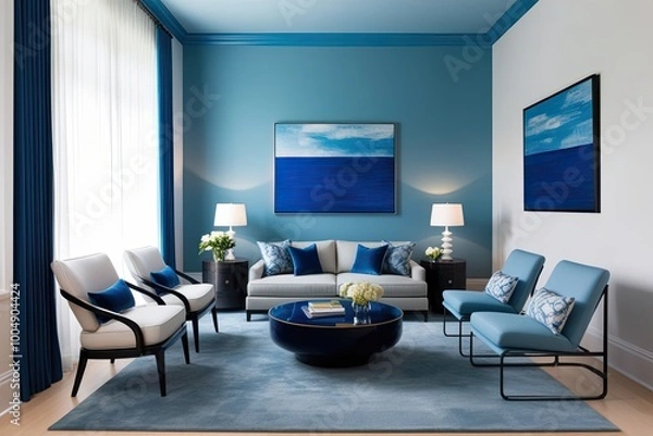 Fototapeta Minimalist Living Room Design with Sky Blue Accents and Modern Furnishings