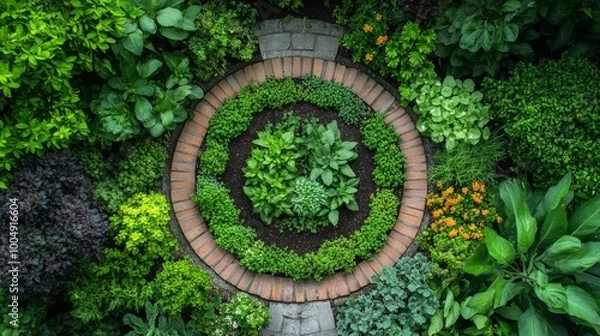 Fototapeta Circular herb garden with dedicated sections for fresh culinary herbs like basil, and medicinal plants like aloe vera, arranged in a symmetrical pattern