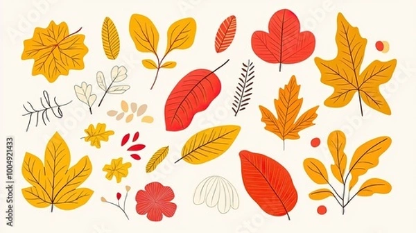 Obraz A collection of autumn leaves in various shapes and colors, including red, orange, yellow, and brown. The leaves are isolated on a white background.