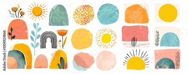 Obraz Abstract art shapes and spots. Minimalism. Vector illustrations of dots, sketch of sun, leaf, abstraction, strokes, texture, uneven lines, icons, paint strokes for banner, interior poster or design