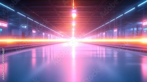 Fototapeta Factory with autonomous robots ensuring food safety, clean white walls, advanced holographic controls, vibrant neon lighting, futuristic, digital illustration, high-tech design