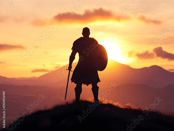 Fototapeta A determined Celtic warrior, holding a sword and shield, standing on a hilltop with the sun setting behind him, ready to defend his territory. Celtic warrior on a hilltop.


