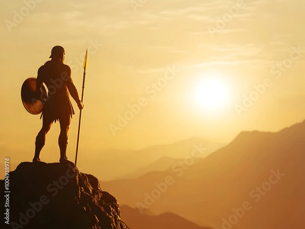 Fototapeta A heroic Spartan warrior, standing on a rocky ledge with a shield and spear, gazing out at the horizon with fierce determination as the sun sets behind him. Spartan warrior on a ledge at sunset.


