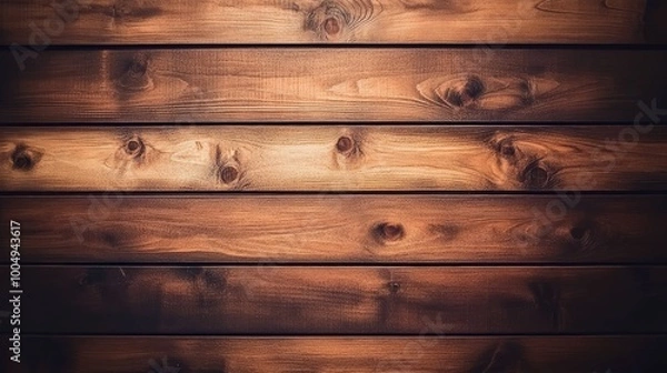 Fototapeta Close-up of a rustic wooden plank wall with knots and grain texture.