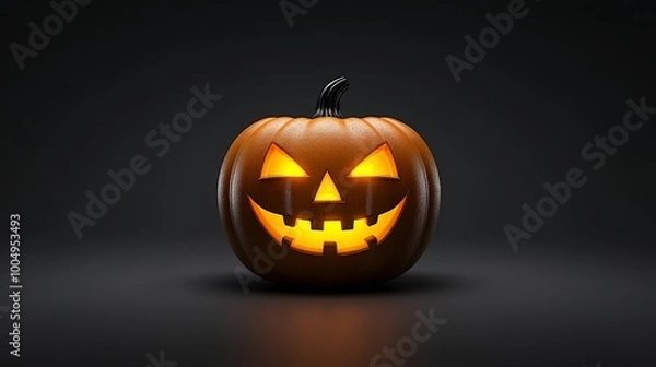 Fototapeta Spooky Pumpkin Glow: A single jack-o'-lantern with a carved, grinning face illuminates the darkness with a warm, ethereal glow, creating a captivating and slightly eerie atmosphere.  