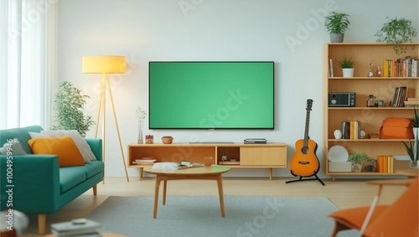 Fototapeta A cozy, modern living room with a large TV, guitar, and neatly organized bookshelf, showcasing a harmonious blend of comfort and style with natural light and decor.