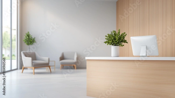 Fototapeta Modern reception area with sleek wooden desk, potted plants, and comfortable seating. bright space features large windows allowing natural light to enhance welcoming atmosphere.