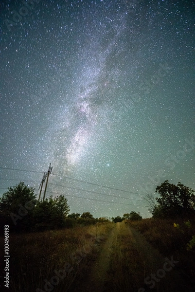 Fototapeta Space with galaxy . Milky way on the blue sky .Dark and cold night at summer . Trees on the backgound with stars . Power lines in the night , powerstation and galaxy