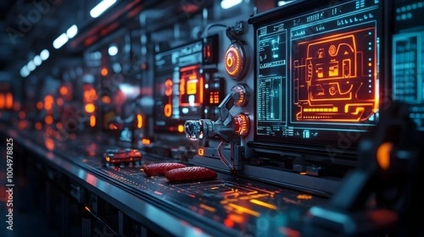 Fototapeta Robots in a high-tech food processing factory, scanning food with precision lasers, futuristic holographic displays in the background, Neon lighting, 3D, Sci-fi