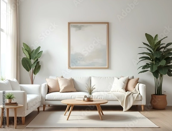 Obraz A stylish living room interior design white sofas, a wooden side table, abstract wall art, and minimalist decor. The space includes soft rug, indoor plants, flower and cozy accents, creating serene.