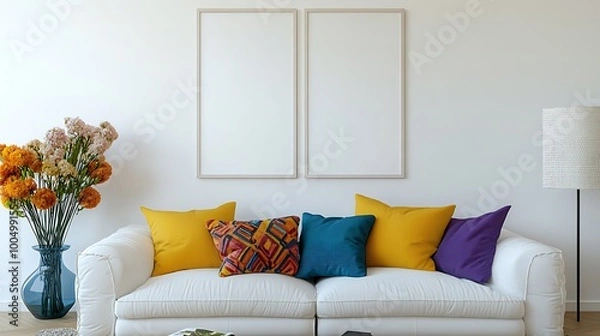 Fototapeta  Stylish sofa setup with bold cushions and fresh flowers, creating a cheerful and inviting atmosphere. Mock up poster frame. 
