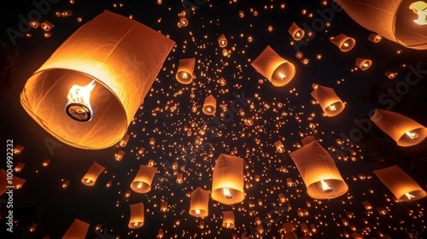 Fototapeta Hundreds of paper lanterns are released into the night sky during the Loy Krathong festival, creating a breathtaking scene of glowing lights floating towards the stars.