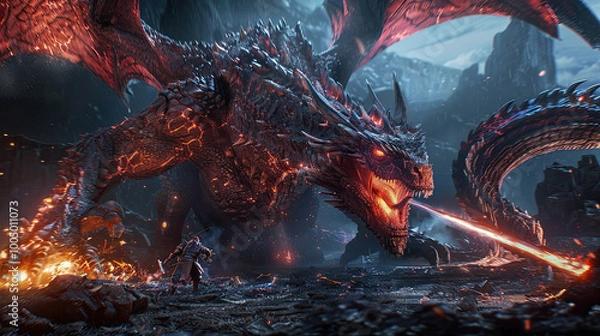Fototapeta Gigantic dragon creature in a game scenario fighting a hero character.