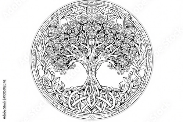 Fototapeta Intricate black and white illustration of a tree with detailed roots and leaves, symbolizing life and growth.