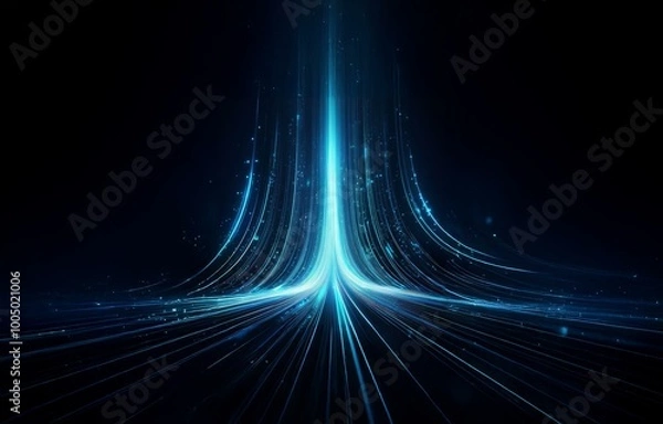 Fototapeta A blue light beam rises from a dark background, with streaks of light radiating outwards, creating a sense of energy and movement.