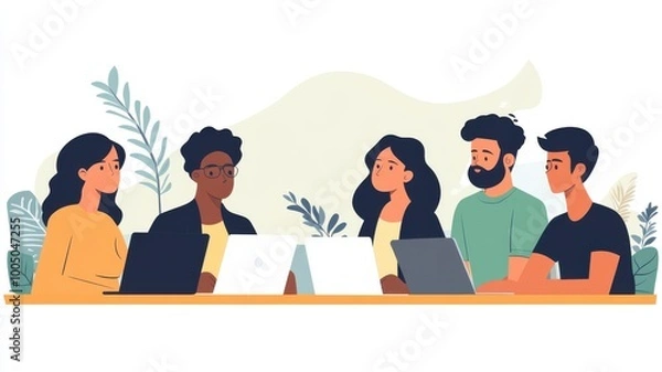 Fototapeta Group of diverse people collaborating with laptops in a modern workspace.