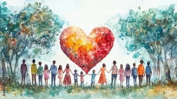 Fototapeta Diverse group of people holding hands beneath a large heart, colorful watercolor style.