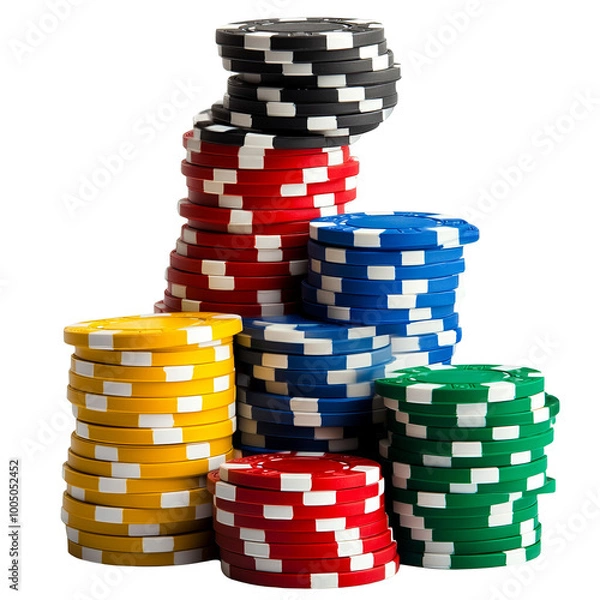 Obraz Colorful poker chips stacked on each other, white isolated background.