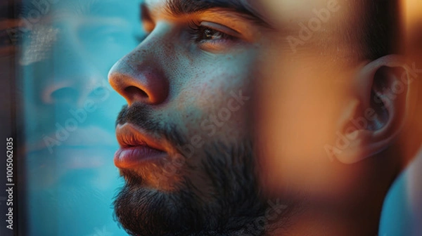 Fototapeta A visual of someone deep in thought, their face reflecting a serious and reflective mood.