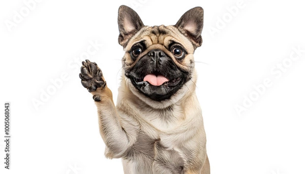 Fototapeta Pug dog raising its paw and looking towards the front of the camera with ears perked up