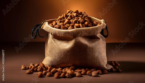 Fototapeta Bag of dry dog food spilling onto a brown surface