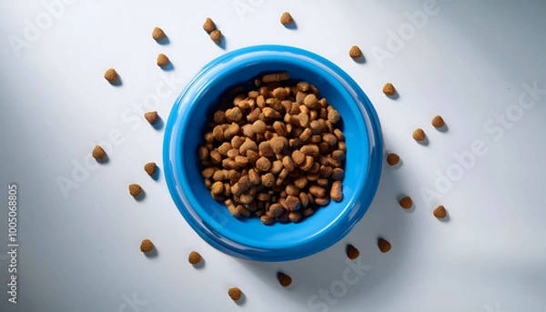 Fototapeta Dog food pellets in a blue dog bowl with scattered pieces around