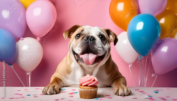 Fototapeta Cheerful Bulldog Celebrates with Cupcake and Balloons at a Festive Party