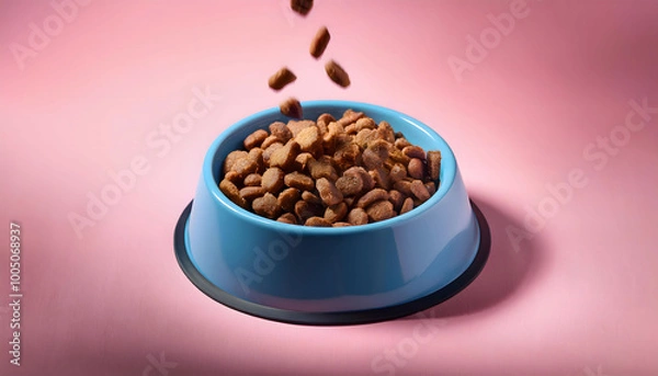 Fototapeta Kibble falling into a blue pet food bowl on a pink background