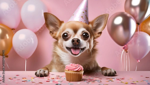 Fototapeta Cute Chihuahua celebrating birthday with cupcake and party decorations