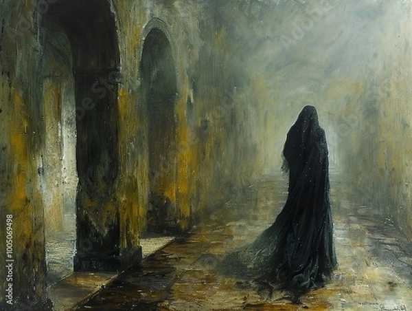 Fototapeta Mysterious Figure in a Gloomy Hallway: A Painting of Architecture and Shadow