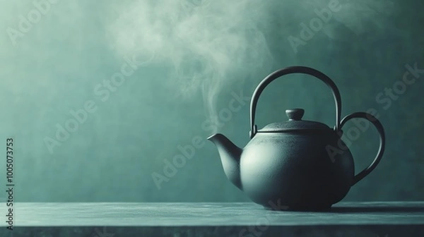 Fototapeta A serene scene featuring a steaming teapot against a muted backdrop, evoking warmth and comfort in a minimalist style.