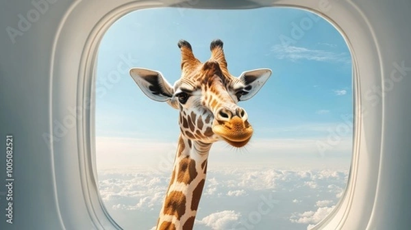 Obraz Giraffe looking into airplane window above clouds