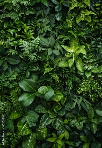 Fototapeta A lush, green background filled with various types of leafy plants, perfect for a nature-themed design