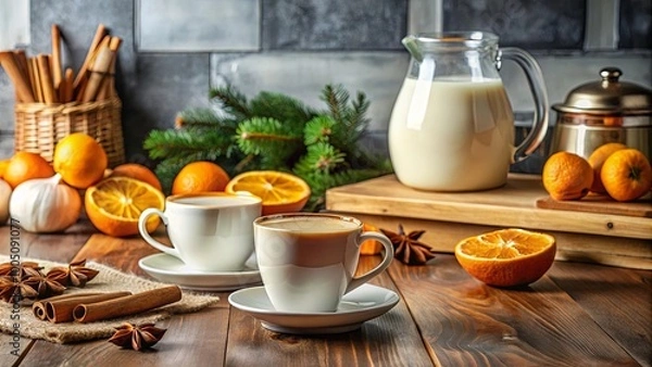 Fototapeta A warm cup of coffee with cream, a slice of orange and cinnamon sticks on a rustic wooden table