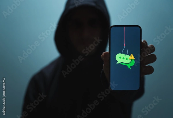 Fototapeta Suspicious Man with Phone Representing SMS Phishing Scam (Smishing)