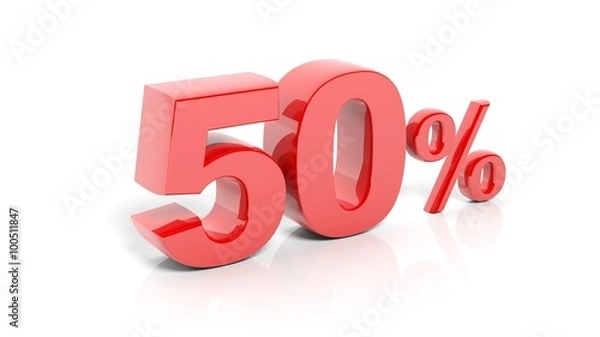 Obraz Red 50 percent number, isolated on white background.