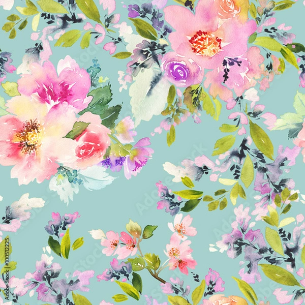 Fototapeta Seamless pattern with flowers watercolor. Gentle colors. Female