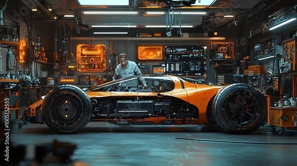 Fototapeta A mechanic works on a futuristic orange race car in a high-tech garage.