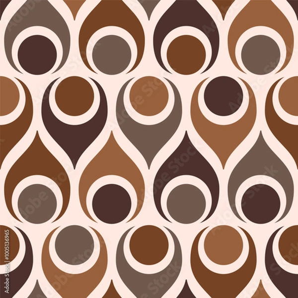 Fototapeta Retro midcentury Atomic teardrops circles brown Vector pattern. Atomic Era style bold retro geometrics mosaic in monochrome brown seamless pattern.