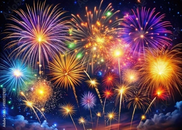 Fototapeta Vibrant colorful fireworks explosion in night sky with sparks and trails illuminating dark background, capturing magic and wonder of festive celebrations and summer nights.