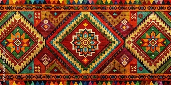 Fototapeta Vibrant colorful textile with traditional Aztec and Mayan-inspired patterns, intricate geometric shapes, and folkloric motifs on a warm, earthy-toned background with a festive feel.