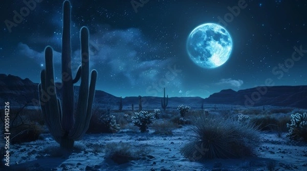 Fototapeta desert landscape at night cactus plants with sharp spines