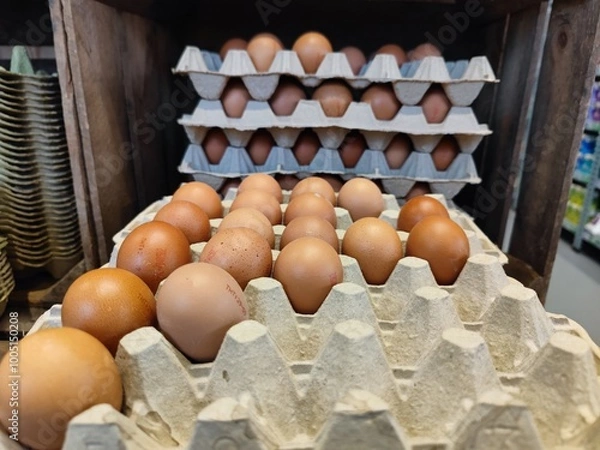 Fototapeta Close up shot of stacked cardboard egg tray boxes with fresh eggs lie on a supermarket shelf to be sold
