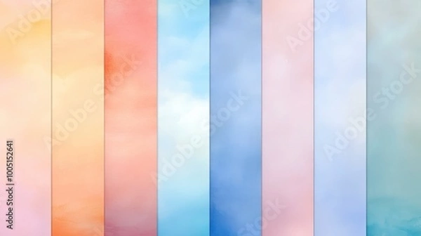 Fototapeta A series of colorful watercolor paintings with a blue sky background
