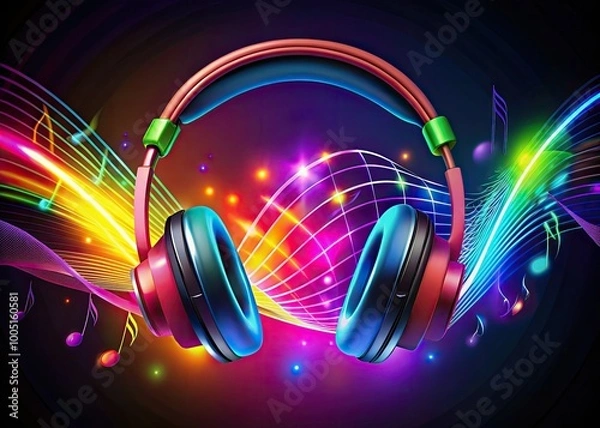Fototapeta Vibrant headphones surrounded by colorful sound waves and musical notes, set against a dark background, representing the fusion of music and digital creativity.