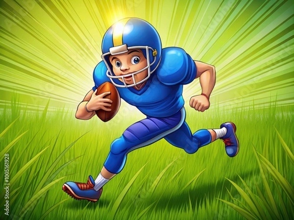 Fototapeta Vibrant illustration of a cartoon football player in action, wearing a blue jersey and helmet, running with the ball on a bright green grass background.