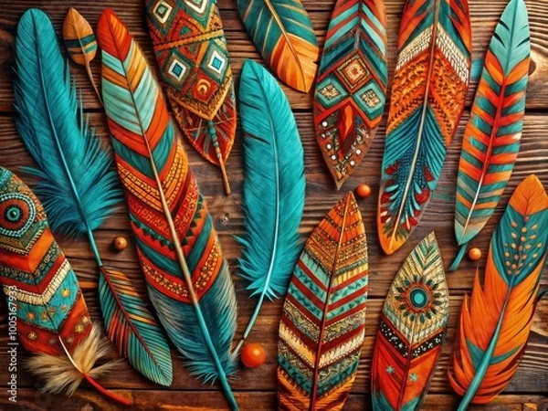 Fototapeta Vibrant, intricately patterned native feathers in shades of turquoise, orange, and crimson, arranged artfully on a rustic wooden background, evoking a sense of cultural heritage.