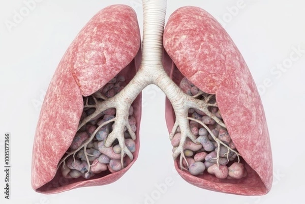 Fototapeta Detailed digital illustration of human lungs in a cutaway view showing internal structures such as bronchi and alveoli Perfect for use in medical advertisements respiratory health campaigns and educat