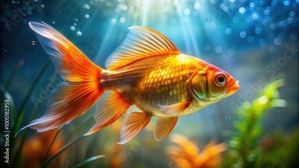 Fototapeta Vibrant orange-golden fish with iridescent scales and flowing fins swimming in a serene, crystal-clear aquarium with subtle water ripples and gentle sunlight filtering through.